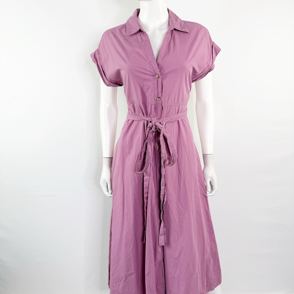 HATCH Purple Belted Maternity Midi Shirt Dress Size 1 US S Collared Short Sleeve - Picture 2 of 12